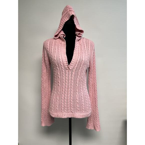 VTG Y2K Cable Knit Sweater L Pink Fitted V Neck Hooded Vampire Diaries Elena - Picture 5 of 13